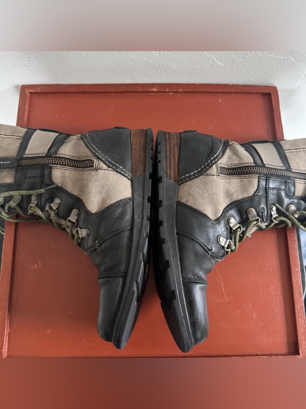 Sorel Major Carly Snow Combat Boots Leather Canvas Mid Calf Lace Up Sand Black - Picture 9 of 12